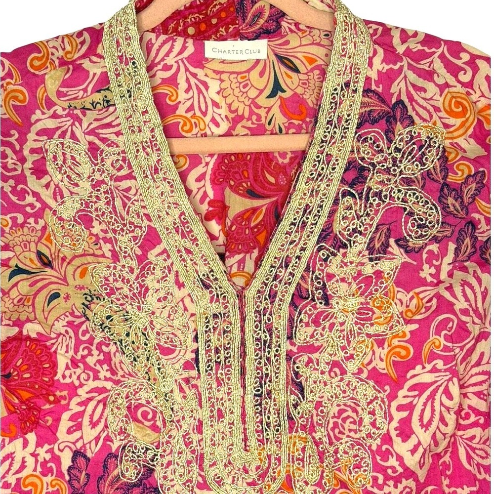 Charter Club Pink Paisley Floral Tunic Gold Embroidered V-Neck Medium Top Boho